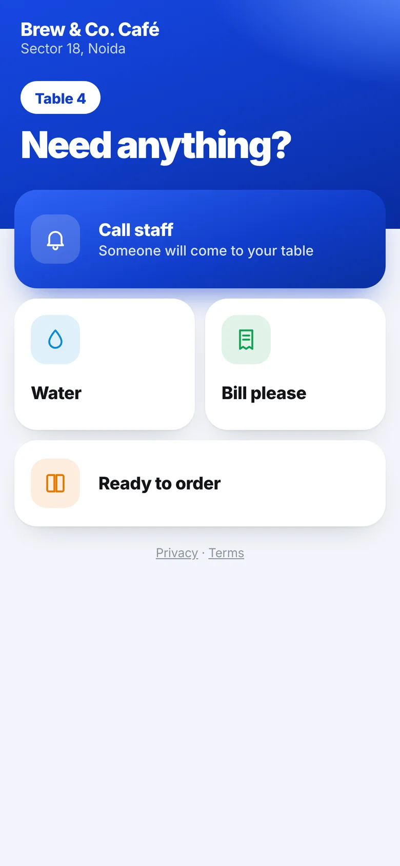Table service page with call staff, water, bill and ready to order