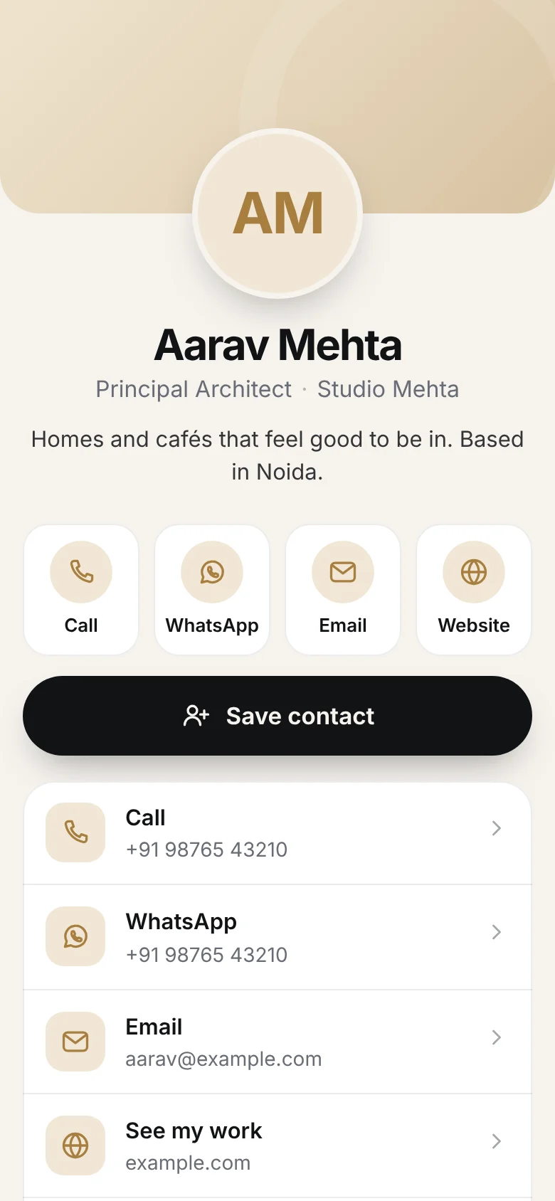 JusTouch contact page with Save contact, Call, WhatsApp, Email and Website buttons