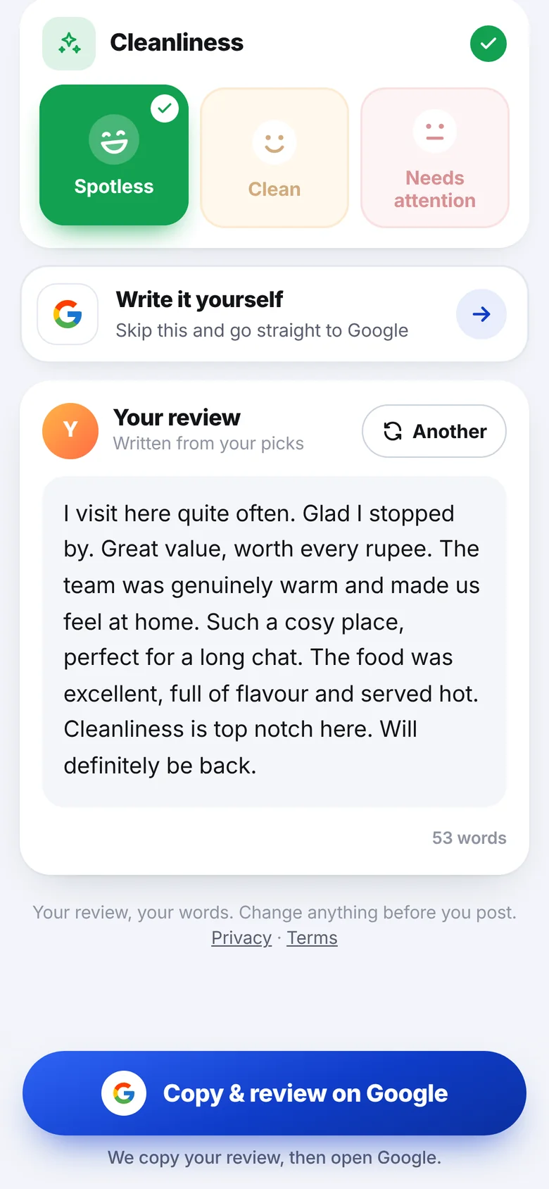 Review helper: a drafted review ready to copy to Google